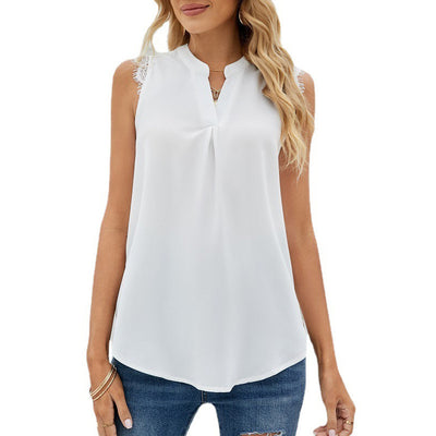 Blusa Suelta Escote V sin Mangas con Encaje de Color Sólido - Image 2