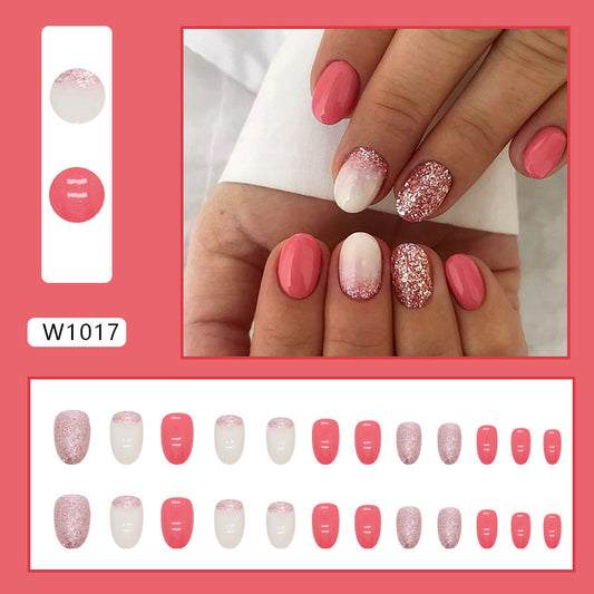 Uñas Postizas Ovaladas Estilo Europeo Rosa y Blanco - Diseño Fresco para Verano - Image 2