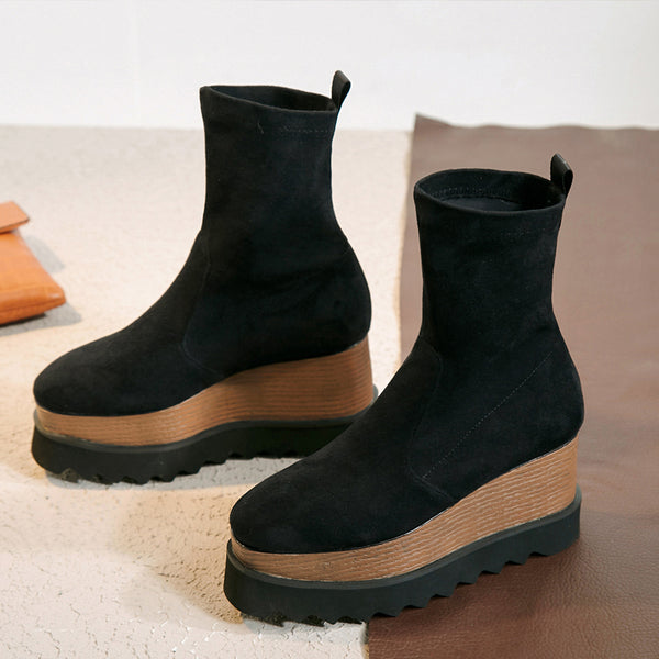 Botas Plataforma Wedge Punta Cuadrada con Stretch