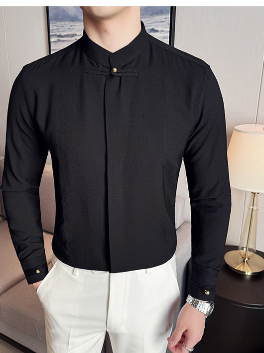 Camisa Manga Larga Cuello Mao Hombre - Diseño Liso Versátil - Image 11