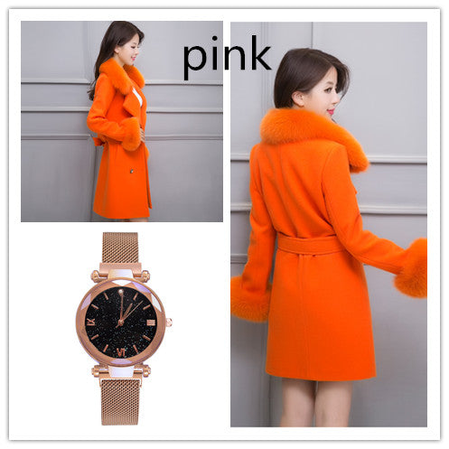 Abrigo de Lana Cintura Ajustada Largo Medio Color Sólido + Reloj Estilo Cielo Estrellado - Image 7