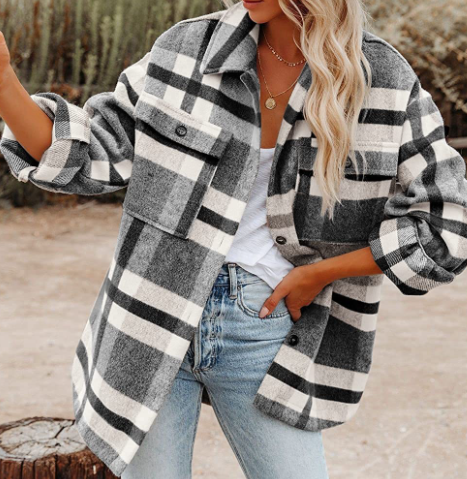 Chaqueta de Lana Cuadros para Mujer Manga Larga Suelta - Image 7