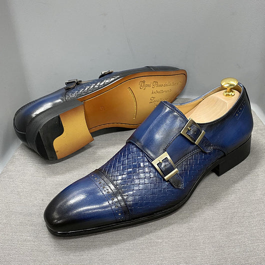 Zapatos Monk Elegantes de Cuero Azul para Hombre - Doble Hebilla Premium - Image 3