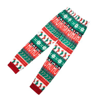White and red Christmas pajama set with "Ho Ho HO!" text and fair isle patterned pants. - Image 19