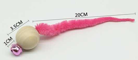 Wooden bead cat toy with a golden bell and a neon yellow fuzzy worm-like attachment on a white background. - Image 10