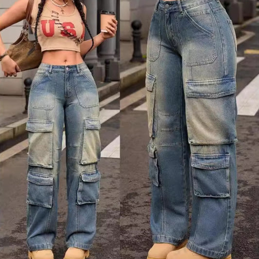 Pantalones Cargo Vintage Lavados con Múltiples Bolsillos
