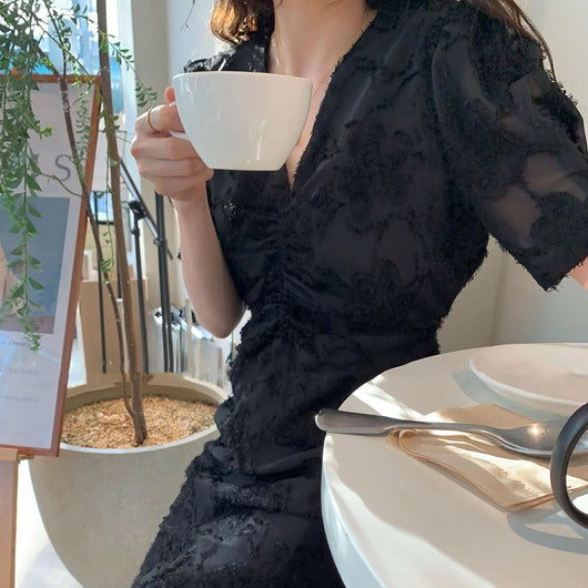 Vestido Elegante Escote V Estilo Francés con Cintura Definida - Image 3