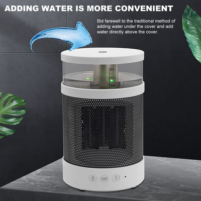 White and black 3-in-1 space heater with humidifier and night light, featuring a mesh grille and control buttons. - Image 14