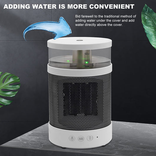 White and black 3-in-1 space heater with humidifier and night light, featuring a mesh grille and control buttons. - Image 14