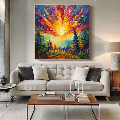 Cuadro Óleo Pintado a Mano - Amanecer en el Bosque con Luz Brillante | Arte Moderno 3D para Hogar - Image 3
