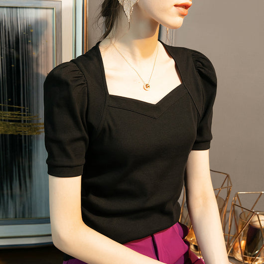 Blusa Manga Abullonada Cuello Diamante Mujer - Colores Sólidos - Image 3