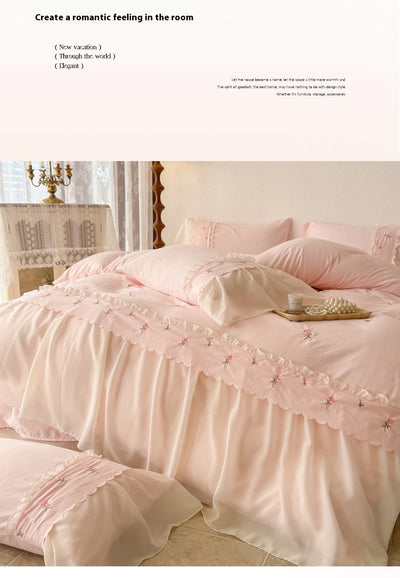 Juego de Cama de Algodón Lavado con Encaje Bordado - 4 Piezas - Image 11