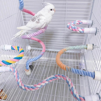 Bright green 150cm spiral rope bird perch with a metal clip, designed for climbing and perching in bird cages.