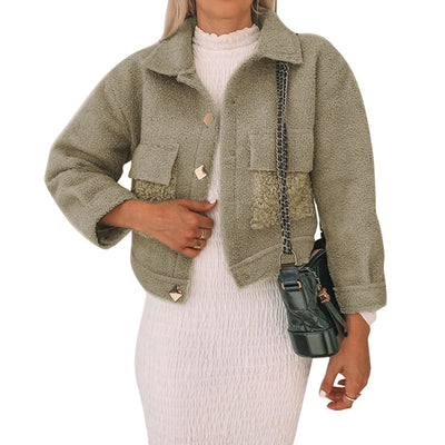 Chaqueta de Piel Sintética Cálida Estilo Europeo Verde Gris - Image 5