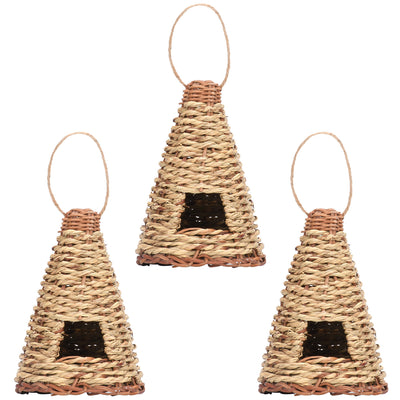 Cone-shaped, flat-bottomed bird's nest woven from natural straw with a small entrance and hanging loop. - Image 5