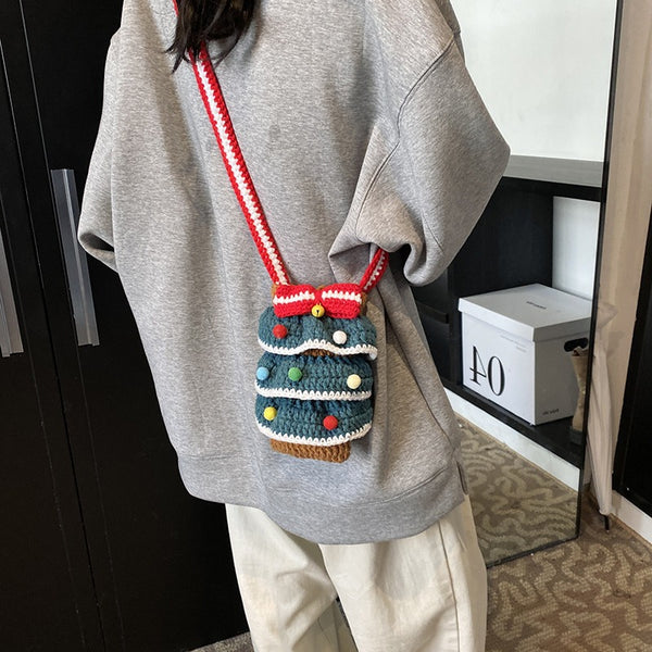 Bolso Cuadrado Navideño de Punto con Árbol de Navidad y Bloques de Color