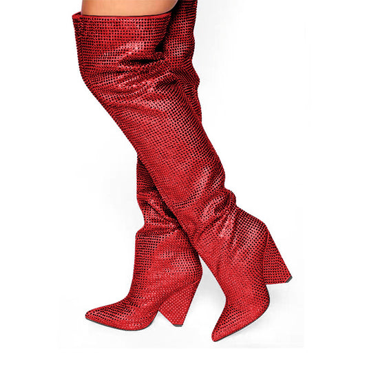 Botas Hasta la Rodilla con Tacón Cuña Punteado y Cristales Brillantes Talla Grande - Image 2
