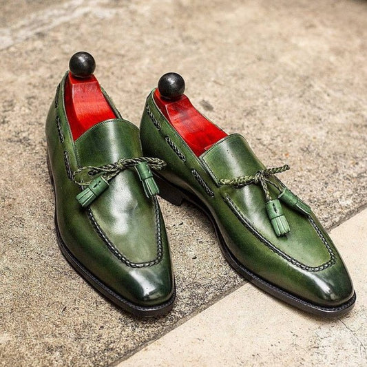 Zapatos de Cuero PU Verde con Borla y Punta Redonda Estilo Británico para Hombre