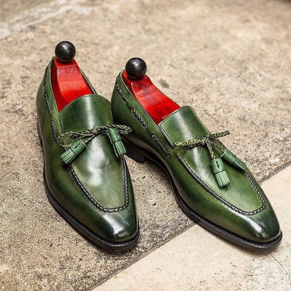 Zapatos de Cuero PU Verde con Borla y Punta Redonda Estilo Británico para Hombre