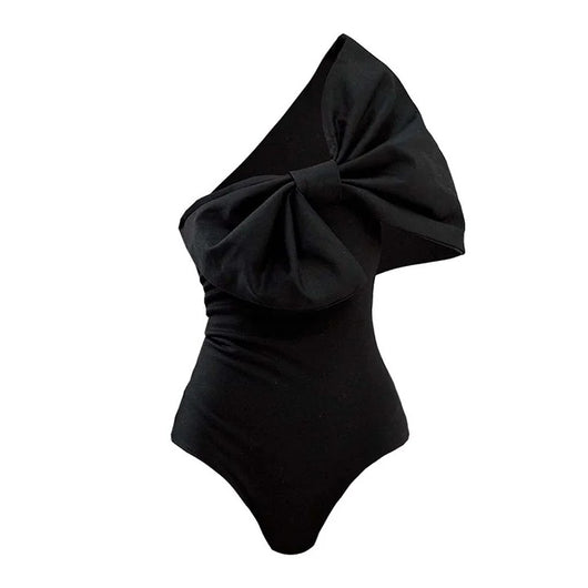 Black one-piece swimsuit with a white oversized bow detail at the tube top bust, perfect for summer. - Image 9