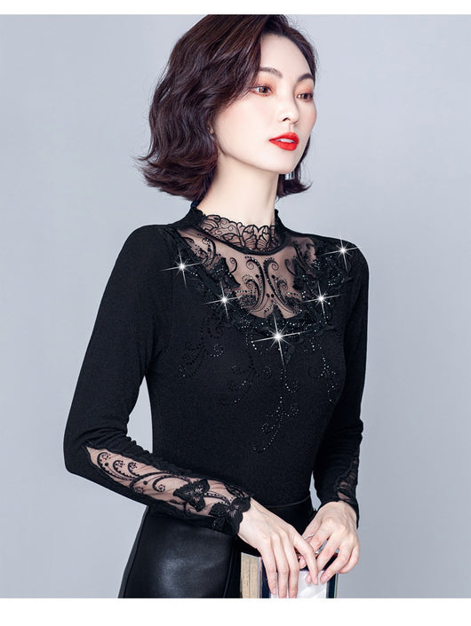 Blusa Cuello Alto con Encaje y Strass - Ajuste Slim para Otoño e Invierno - Image 18