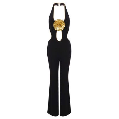 Mono Halter Sexy Dorado con Flores - Espalda Descubierta sin Mangas - Image 17