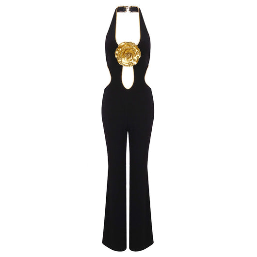 Mono Halter Sexy Dorado con Flores - Espalda Descubierta sin Mangas - Image 17