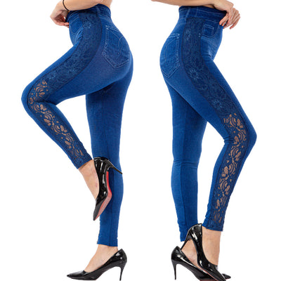 Leggins Talle Alto con Detalles de Encaje Efecto Denim