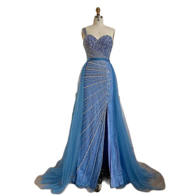 Vestido Fishtail Azul con Hombros Descubiertos y Cuentas Artesanales - Image 5