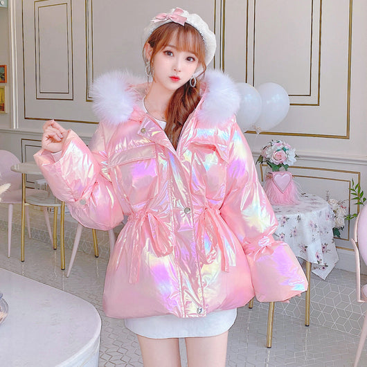 Chaqueta Acolchada de Invierno con Cuello de Piel de Zorro - Colores Pastel Brillantes
