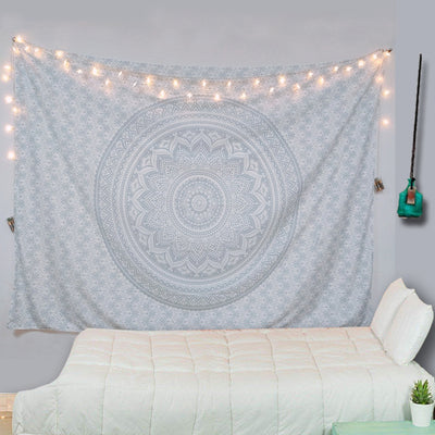 Black and white mandala tapestry with intricate floral and geometric patterns hanging on a bedroom wall. - Image 11