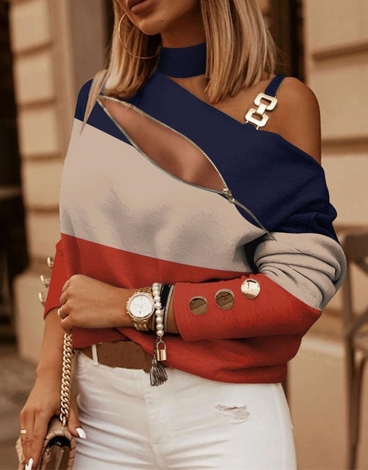 Blusa Larga con Cadena Estampada en Cuello - Image 19
