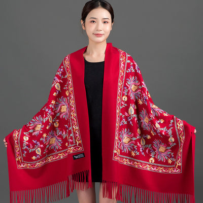 Bufanda Cashmere Tibetana Bordada Gruesa para Invierno