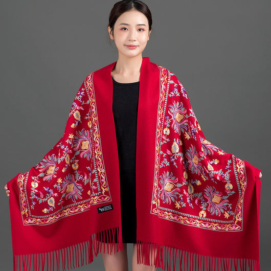Bufanda Cashmere Tibetana Bordada Gruesa para Invierno