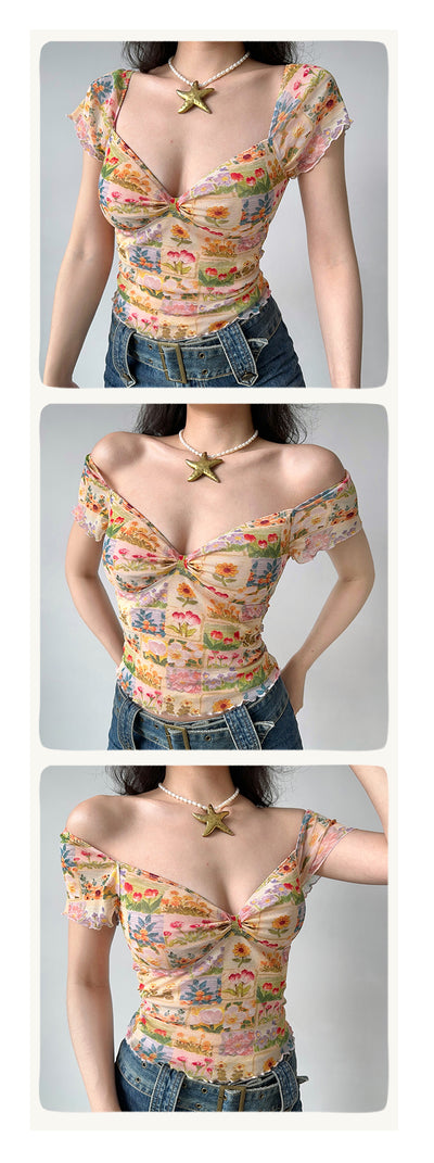 Blusa Estampada con Flores al Óleo, Cuello en V y Manga Corta de Malla para Mujer - Image 10