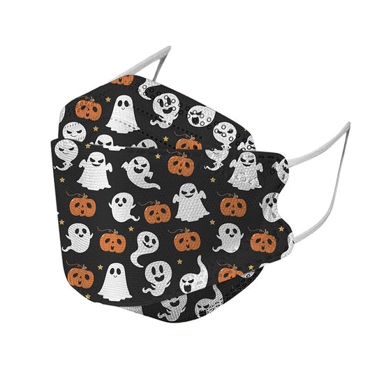Two black KF94 Halloween masks with a pattern of dancing skeletons, purple bones, bats, and candy corn. - Image 8