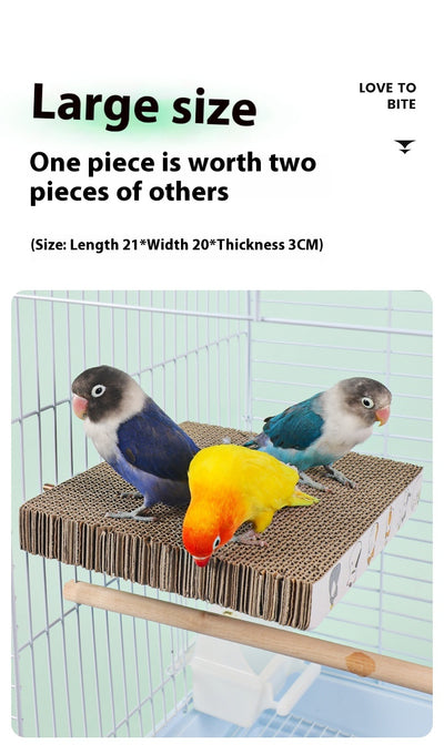 Three colorful lovebirds on a rectangular corrugated cardboard platform with screws, attached to a white bird cage. - Image 12