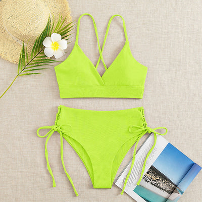 Light green ribbed bikini set with a V-neck bralette top and high-waisted bottoms featuring side tie details. - Image 17
