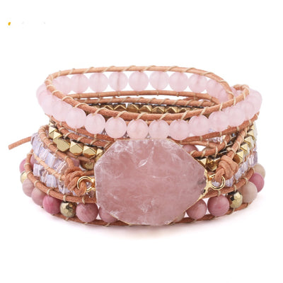 Pulsera de Piedra Natural Cuarzo Rosa con Envolvente de Cuero - 5 Vueltas Gemas - Image 6