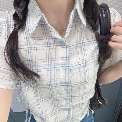 Camisa Cuadrille Retro con Pliegues Elegantes y Manga Corta - Image 22
