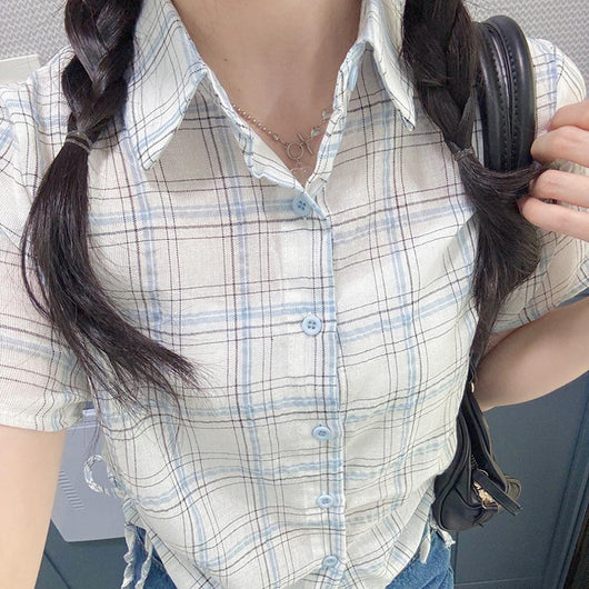 Camisa Cuadrille Retro con Pliegues Elegantes y Manga Corta - Image 22