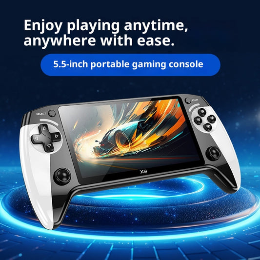 Black and white X9 portable handheld gaming console with a large screen displaying a racing game.
