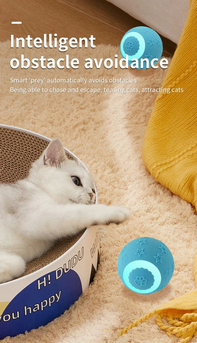 Blue smart ball cat toy with a glowing paw print and star patterns for interactive pet play. - Image 23