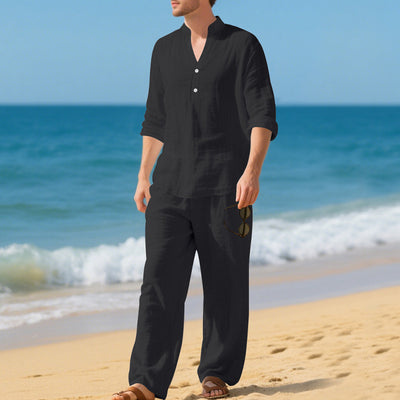 Conjunto de Pantalón y Camiseta Henley Suelta Transpirable para Hombre - Ropa de Playa Casual - Image 28