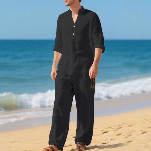 Conjunto de Pantalón y Camiseta Henley Suelta Transpirable para Hombre - Ropa de Playa Casual - Image 28