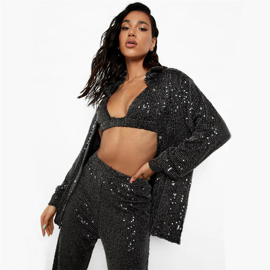 Conjunto de 3 Piezas: Chaleco Lentejuelas Escote V, Blusa Manga Larga y Pantalón Recto - Image 2