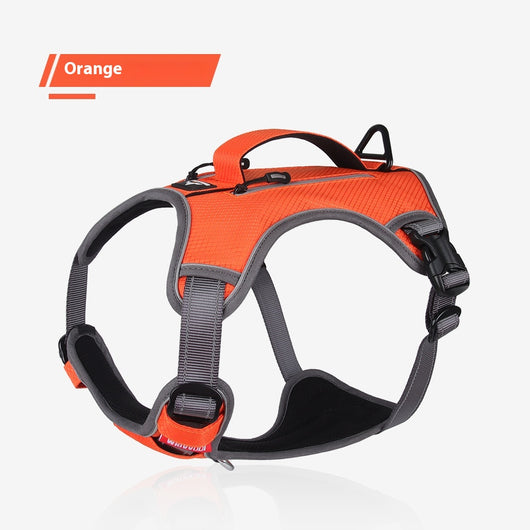 Orange and gray pet harness made of Oxford cloth with reflective trim, a top handle, and adjustable straps. - Image 7