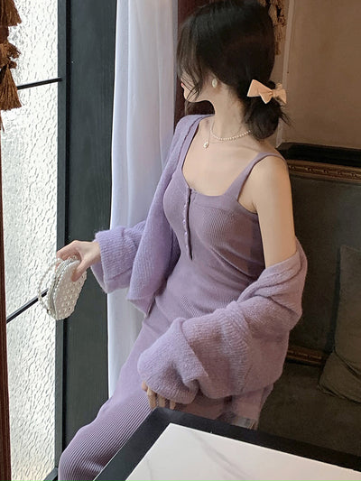 Conjunto de Dos Piezas: Cardigan Tejido Morado con Falda Envuelta - Image 10