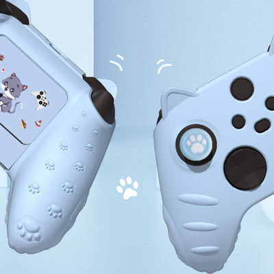 Light yellow silicone Xbox Series controller cover with cat ears, paw print joystick caps, and a cartoon cat sticker. - Image 4