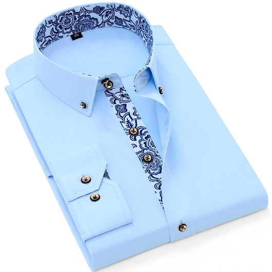 Camisa Business Casual de Manga Larga con Cuello Porcelana Azul y Blanco para Hombre - Image 7